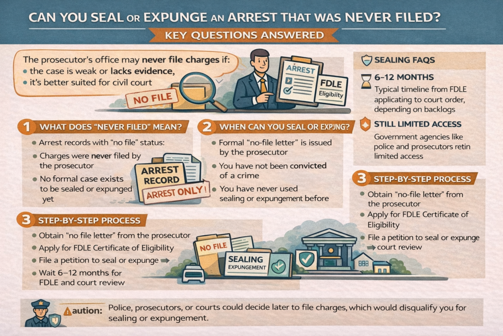 Florida infographic explaining sealing or expunging an arrest that was never filed, including eligibility, process steps, and timelines.
