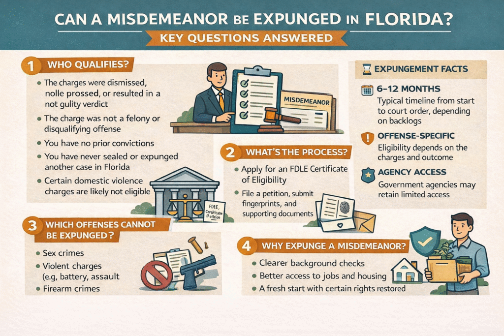 Infographic detailing the process of expunging a misdemeanor in Florida, highlighting qualifications, ineligible offenses, expungement timeline, and benefits of expungement, with visual elements like a gavel, courthouse, and checklist.