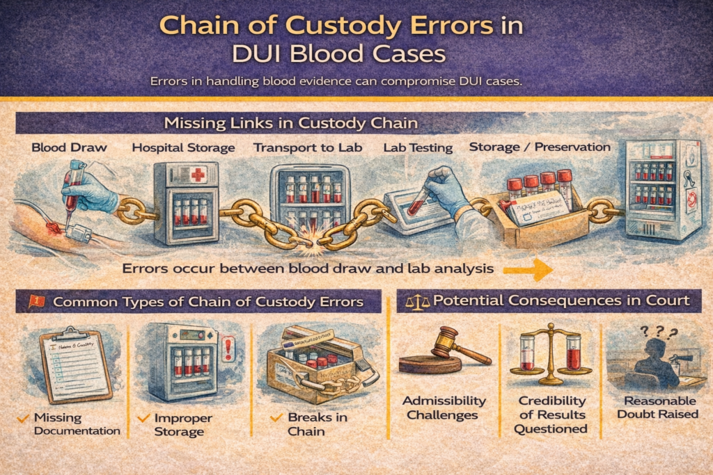 Horizontal infographic explaining chain of custody errors in DUI blood cases, showing how blood samples must be documented, labeled, and stored properly, common mistakes like missing forms or improper storage, and how errors can raise doubts about accuracy and lead to suppression of evidence.