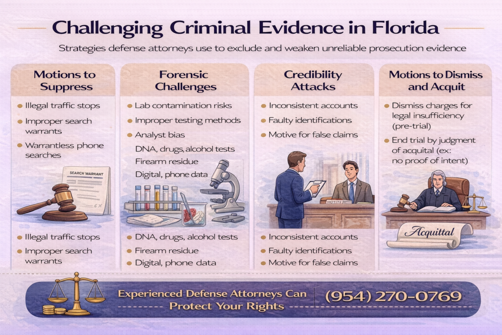 Horizontal infographic about challenging criminal evidence in Florida, covering suppression motions, forensic testing challenges, witness credibility attacks, and judgments of acquittal.