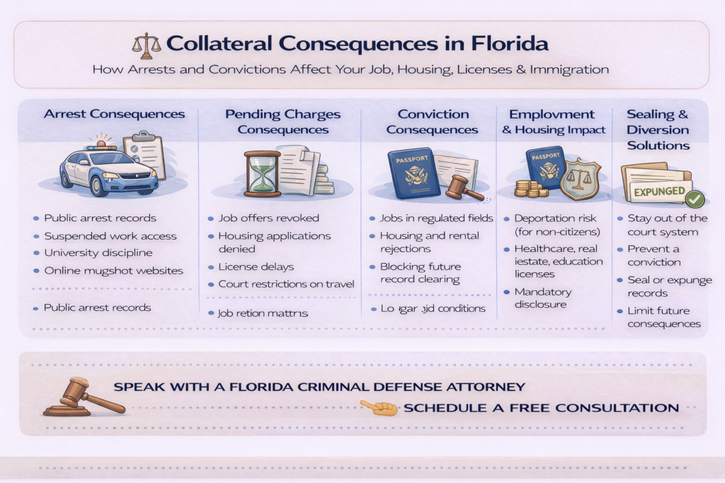 Horizontal infographic showing collateral consequences in Florida, including job loss, housing denial, immigration risks, licensing discipline, and sealing or diversion solutions after arrest or conviction.