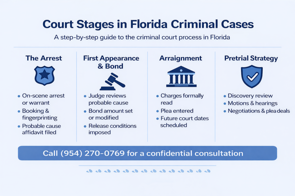 Horizontal infographic titled &ldquo;Court Stages in Florida Criminal Cases&rdquo; outlining four phases of the criminal process&mdash;Arrest, First Appearance & Bond, Arraignment, and Pretrial Strategy&mdash;with brief bullet points explaining each stage.