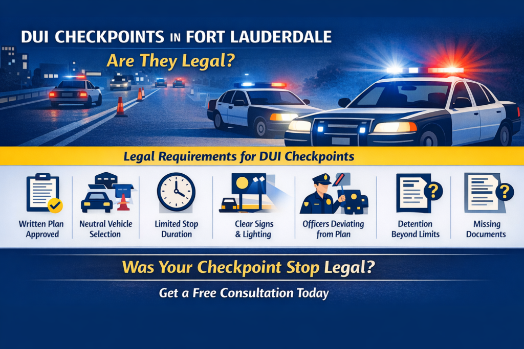 Horizontal infographic explaining DUI checkpoints in Fort Lauderdale, showing when checkpoints are legal, required procedures such as written plans and neutral vehicle selection, common checkpoint failures like officer deviation or prolonged detention, and how improper checkpoints may lead to DUI defenses.