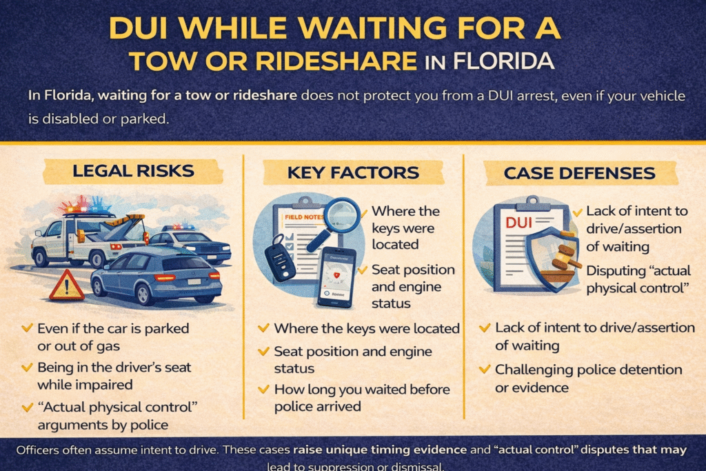 Horizontal infographic about DUI while waiting for a tow or rideshare in Florida, showing how key location, seat position, and intent to drive affect DUI cases and defenses.