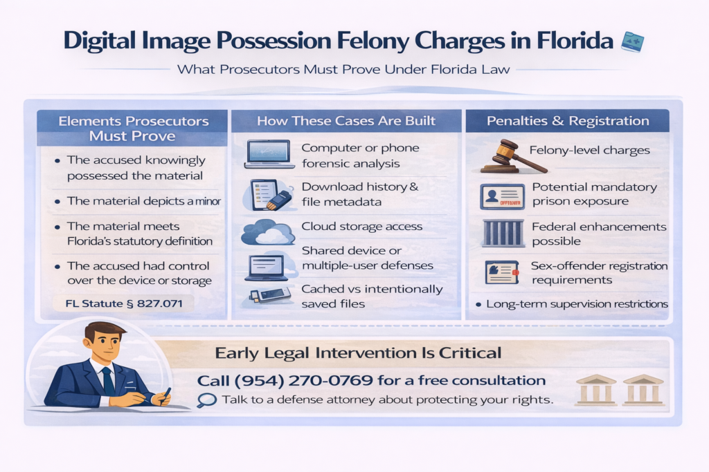 Infographic titled “Digital Image Possession Felony Charges in Florida” explaining the elements prosecutors must prove, common digital forensic evidence issues, and felony penalties including sex-offender registration under Florida Statute § 827.071.