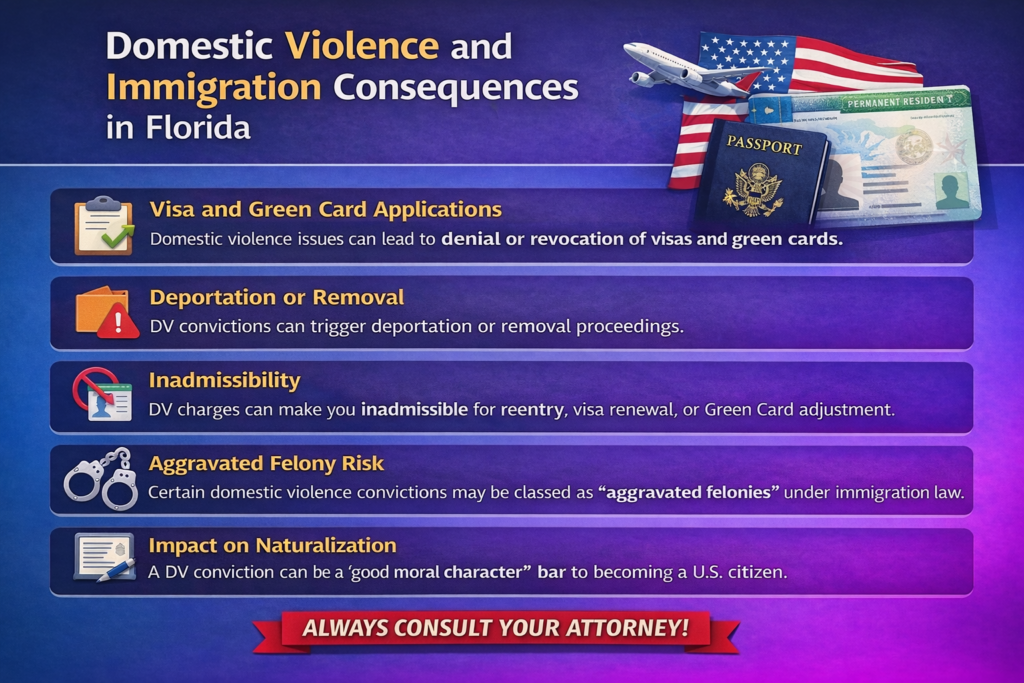 Horizontal infographic explaining the immigration consequences of domestic violence in Florida, including effects on visas and green cards, risk of deportation or removal, inadmissibility for reentry, aggravated felony classification, and impact on U.S. citizenship applications.