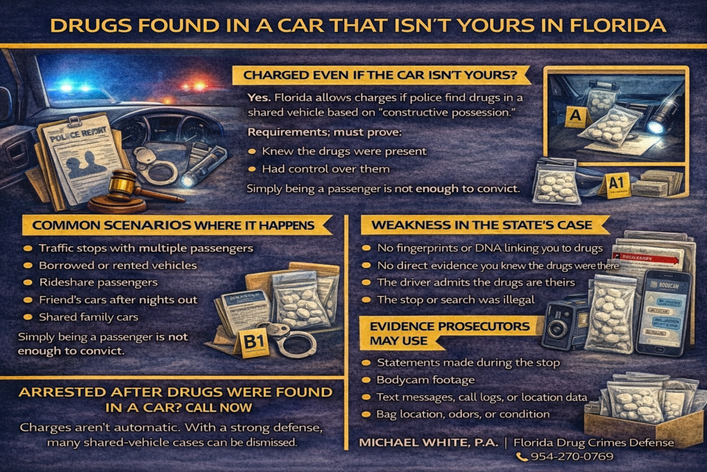 Horizontal infographic explaining what happens when drugs are found in a car that isn’t yours in Florida, outlining constructive possession, common shared-vehicle scenarios, and potential defenses.