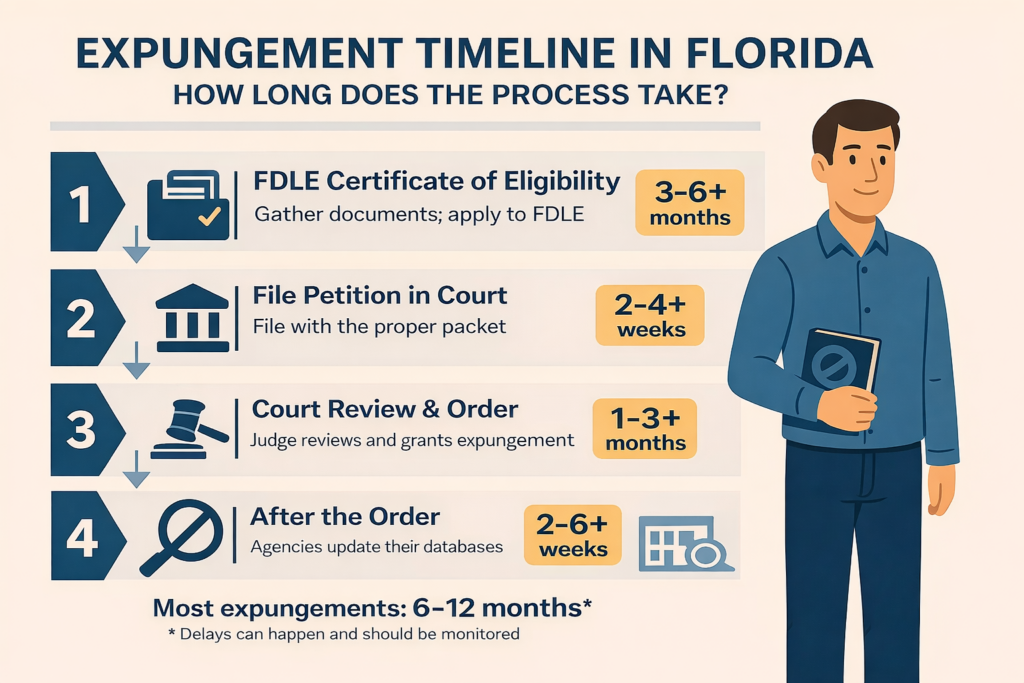Infographic titled &ldquo;Expungement Timeline in Florida&rdquo; outlining the four main steps in the expungement process&mdash;FDLE Certificate of Eligibility (3&ndash;6+ months), filing a court petition (2&ndash;4+ weeks), court review and order (1&ndash;3+ months), and post-order database updates (2&ndash;6+ weeks)&mdash;with a note that most expungements take approximately 6&ndash;12 months overall.
