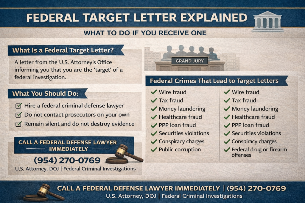 Horizontal infographic titled “Federal Target Letter Explained” outlining what a federal target letter is, what it means to be a target of a grand jury investigation, steps to take immediately, and common federal crimes involved.