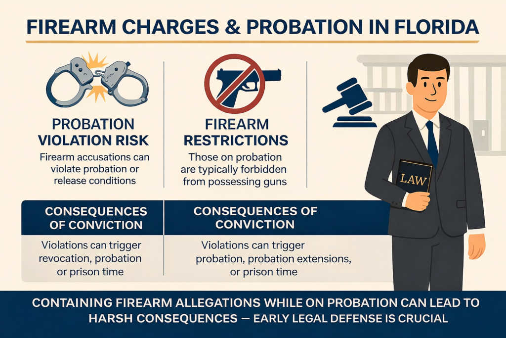 Infographic titled “Firearm Charges & Probation in Florida” explaining probation violation risk, firearm restrictions for those on probation, and consequences of conviction such as revocation, probation extensions, or prison time, with icons of handcuffs, a prohibited firearm symbol, and a judge’s gavel.