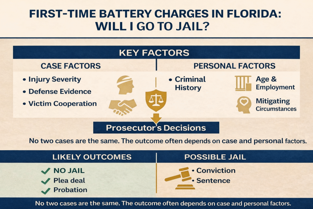 Horizontal infographic outlining factors that affect jail outcomes for first-time battery charges in Florida.