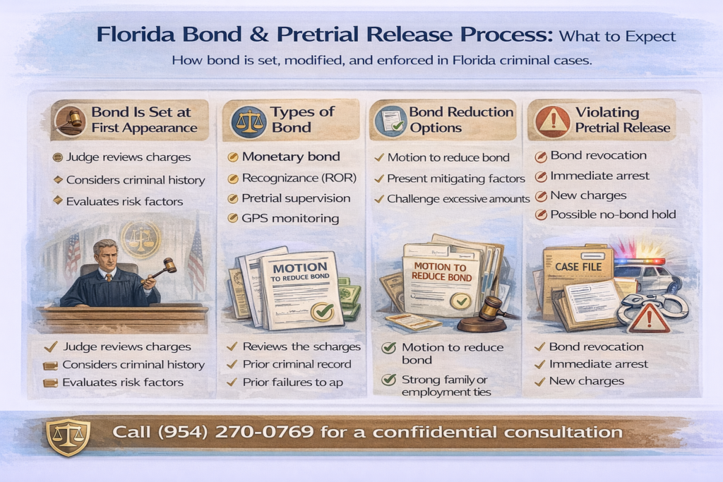 Horizontal infographic titled &ldquo;Florida Bond & Pretrial Release Process: What to Expect,&rdquo; outlining how bond is set at first appearance, types of bond in Florida, bond reduction options, and the consequences of violating pretrial release conditions.