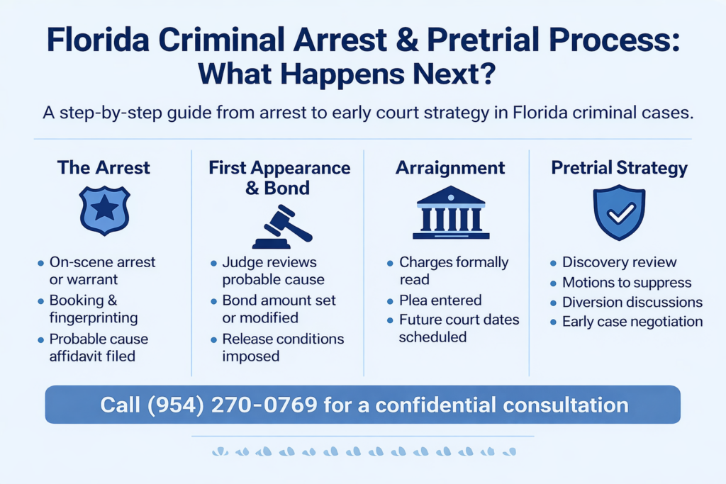 Horizontal infographic titled “Florida Criminal Arrest & Pretrial Process: What Happens Next?” outlining four stages of a Florida criminal case—The Arrest, First Appearance & Bond, Arraignment, and Pretrial Strategy—with icons and a call to action for a confidential consultation.