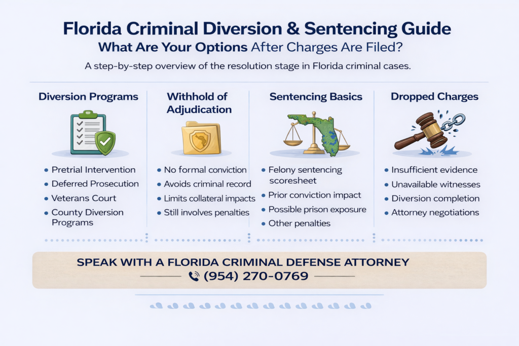 Horizontal infographic titled “Florida Criminal Diversion & Sentencing Guide: What Are Your Options After Charges Are Filed?” outlining diversion programs, withhold of adjudication, sentencing basics, and how charges may be dropped before trial.