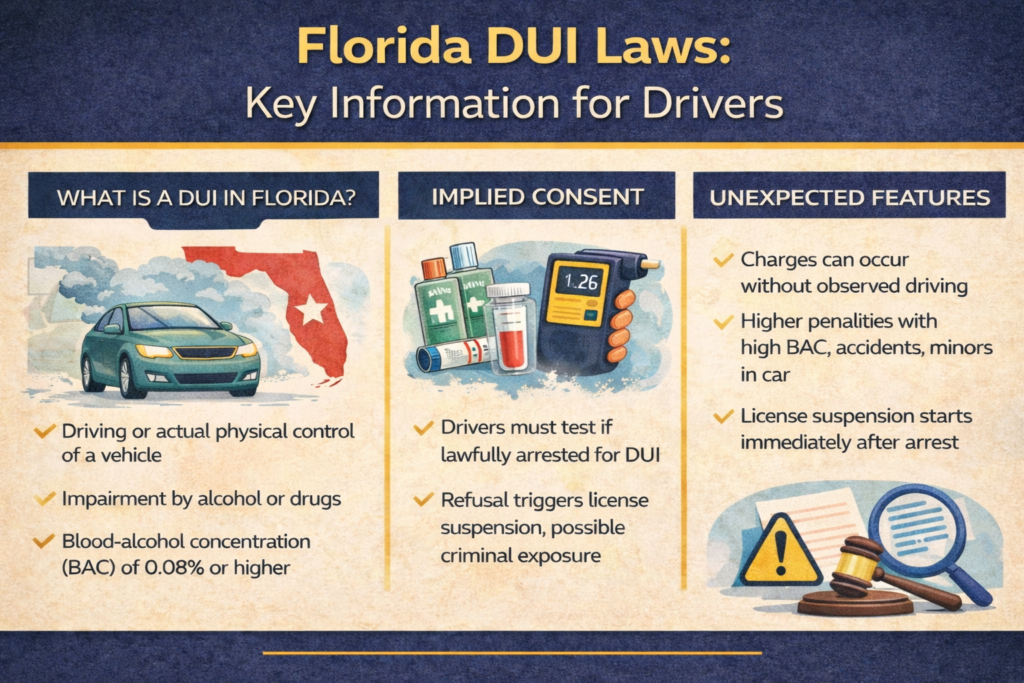 Horizontal infographic summarizing Florida DUI laws, explaining how DUI is defined under Florida law, the role of implied consent and chemical testing, and unexpected features such as charges without observed driving, enhanced penalties for aggravating factors, and immediate license suspension after arrest.