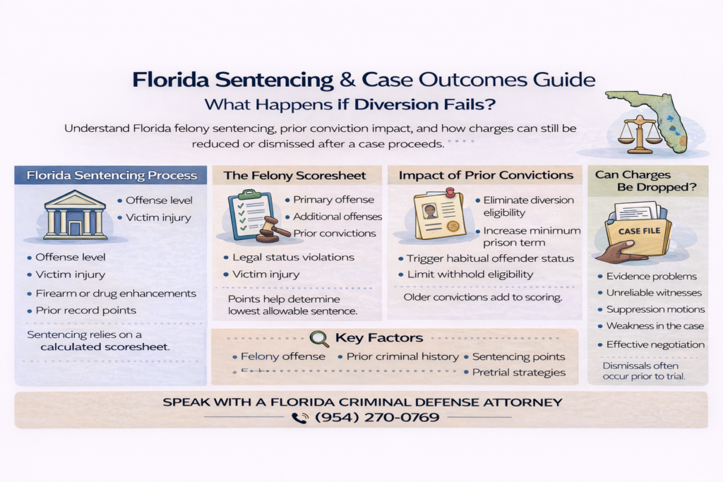 Horizontal infographic titled “Florida Sentencing & Case Outcomes Guide” explaining the Florida sentencing process, felony scoresheet factors, impact of prior convictions, and how charges can still be dropped before trial, with a call to speak with a Florida criminal defense attorney.