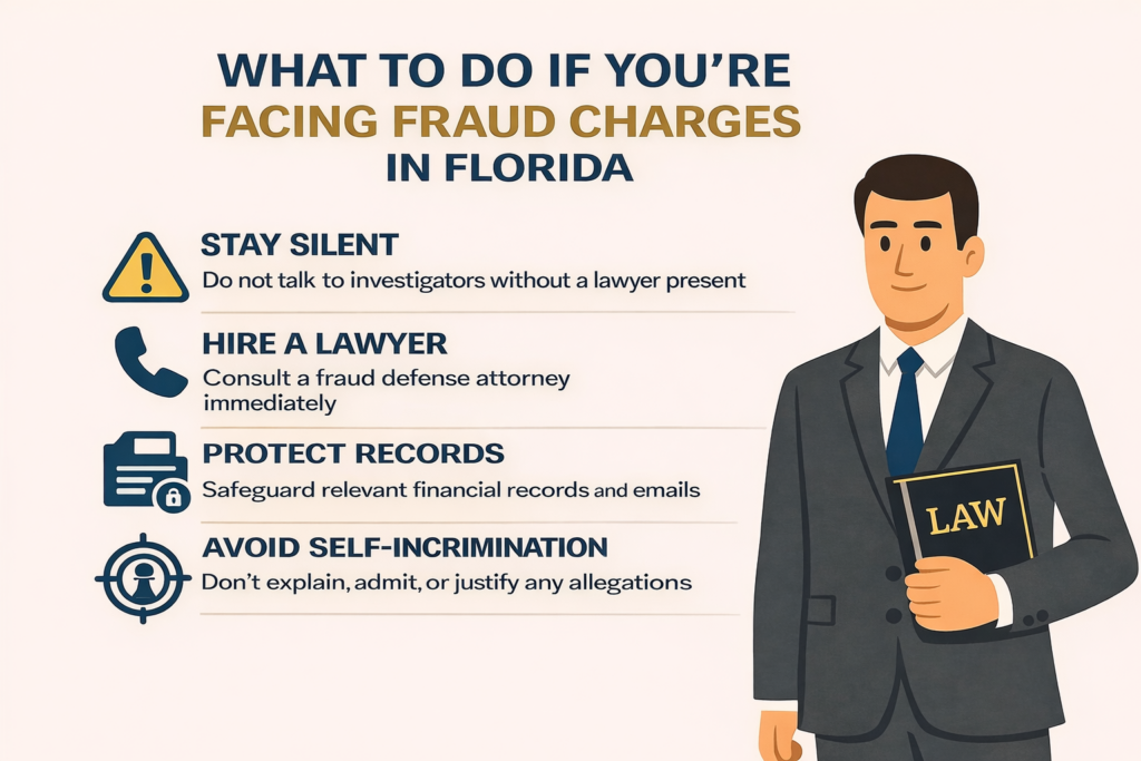 Infographic explaining what to do if you’re facing fraud charges in Florida, including staying silent, hiring a fraud defense lawyer, protecting financial records, and avoiding self-incrimination.