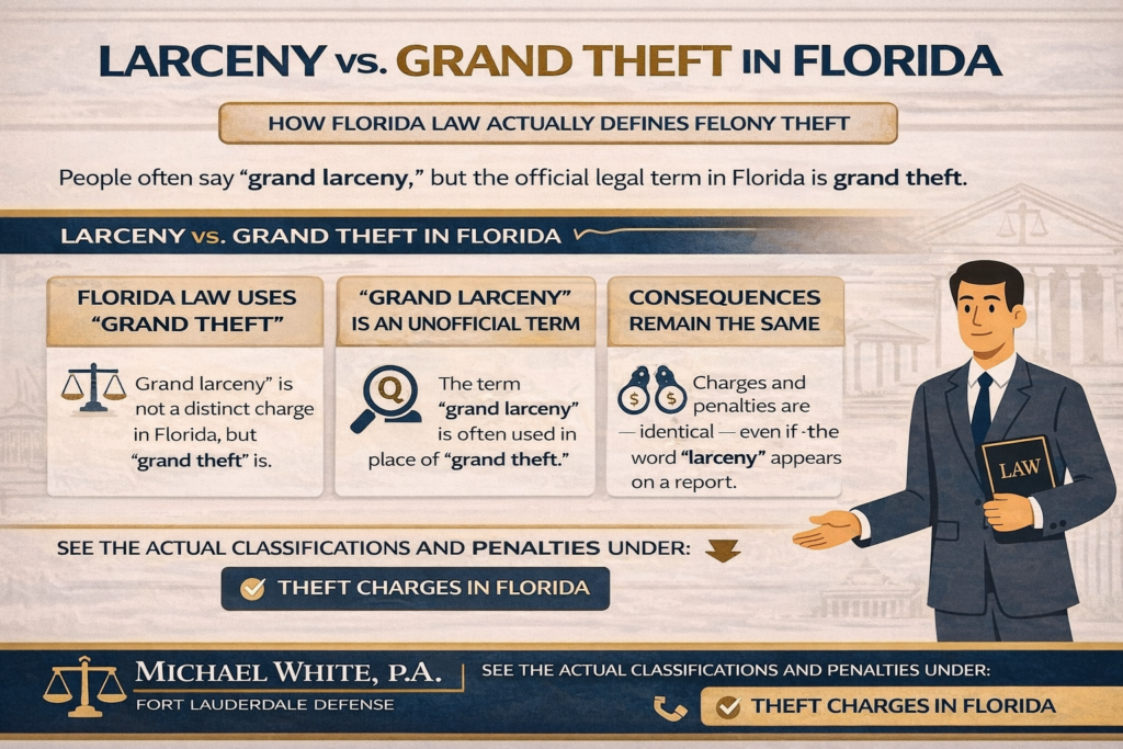Horizontally oriented infographic explaining that “grand larceny” is an informal term in Florida law and that felony theft is officially charged as grand theft, with identical classifications and penalties under Florida Statute §812.014, branded by Michael White, P.A.