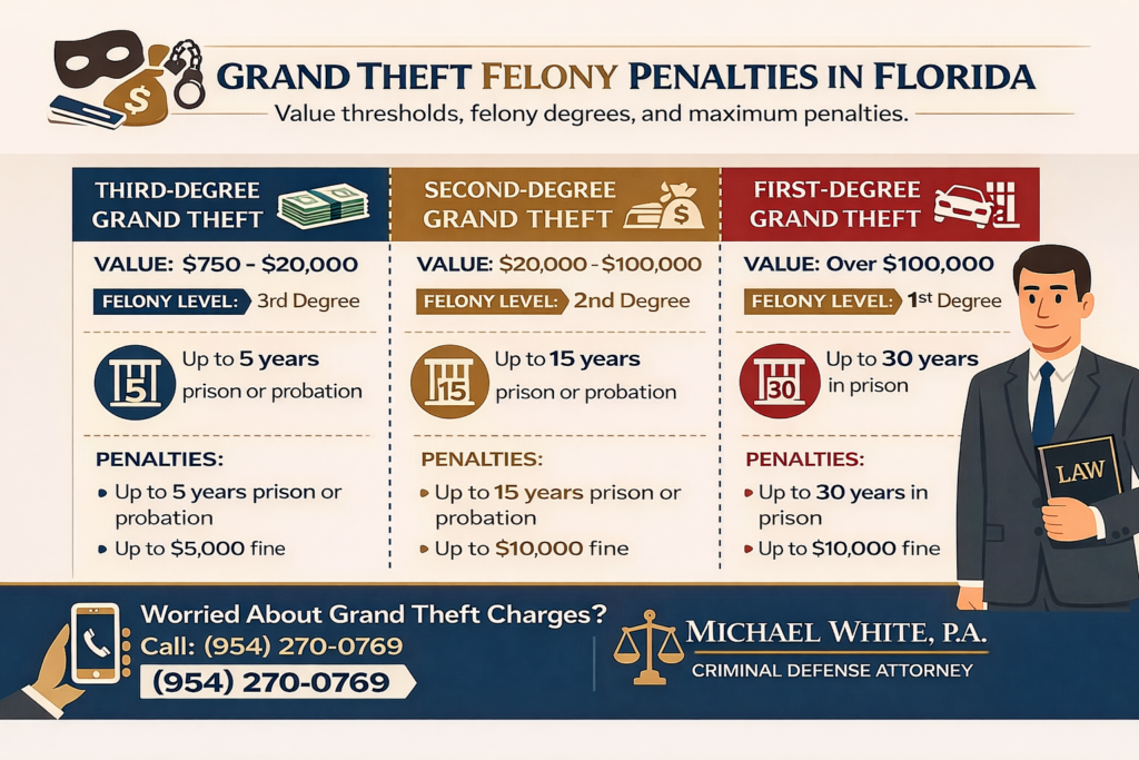 Grand Theft felony penalties in Florida infographic highlighting third-degree, second-degree, and first-degree theft values, felony levels, potential prison terms, and fines, with contact information for Michael White, P.A. criminal defense attorney.
