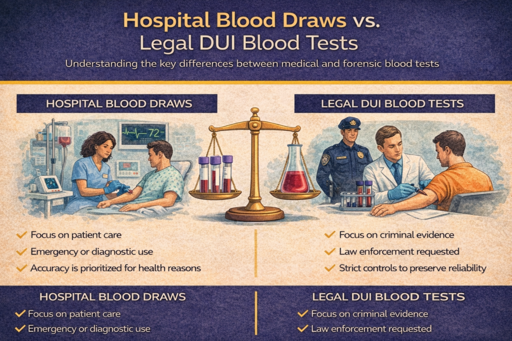 Horizontal infographic comparing hospital blood draws and legal DUI blood tests in Florida, showing that hospital blood is taken for medical treatment while legal DUI blood tests are collected for criminal evidence, highlighting differences in purpose, procedures, documentation, and evidentiary reliability.