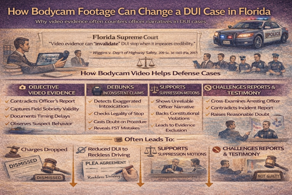 Horizontal infographic explaining how bodycam footage affects Florida DUI cases, including contradictions in police reports, field sobriety issues, breath test observation problems, and potential outcomes like suppression or dismissal.