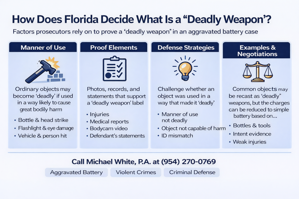 Horizontal infographic titled “How Does Florida Decide What Is a ‘Deadly Weapon’?” explaining how courts determine whether an object qualifies as a deadly weapon in an aggravated battery case based on manner of use, proof elements, defense strategies, and examples like bottles, vehicles, and tools.