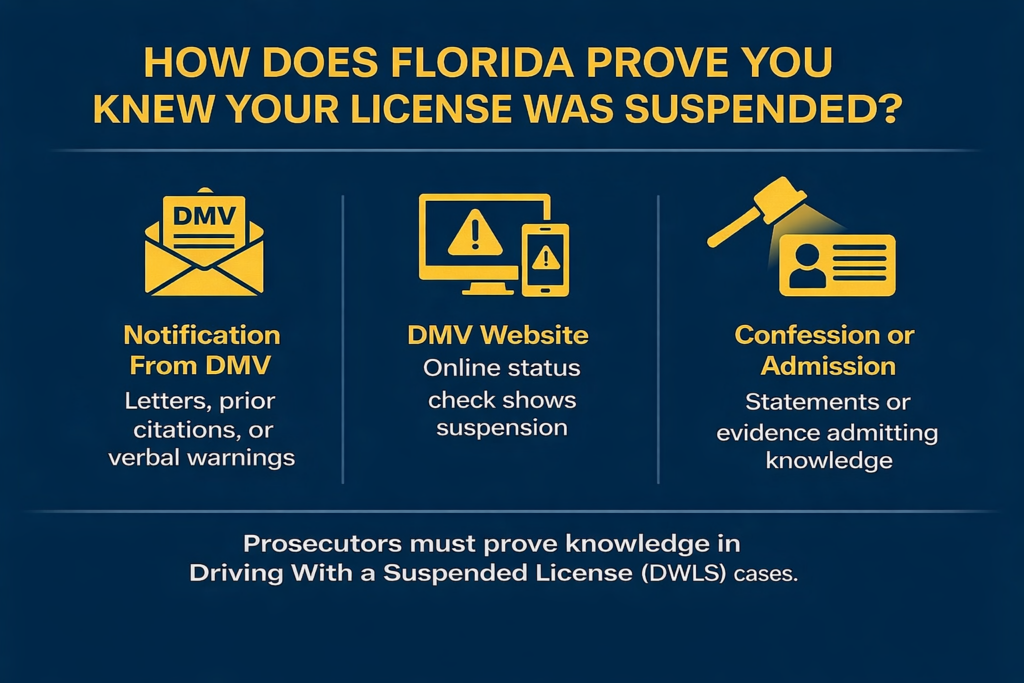 Infographic titled “How Does Florida Prove You Knew Your License Was Suspended?” showing three ways prosecutors establish knowledge in DWLS cases: DMV notification (letters, prior citations, or warnings), online status checks through the DMV website, and statements or admissions indicating awareness, displayed with bold gold icons on a dark blue background.