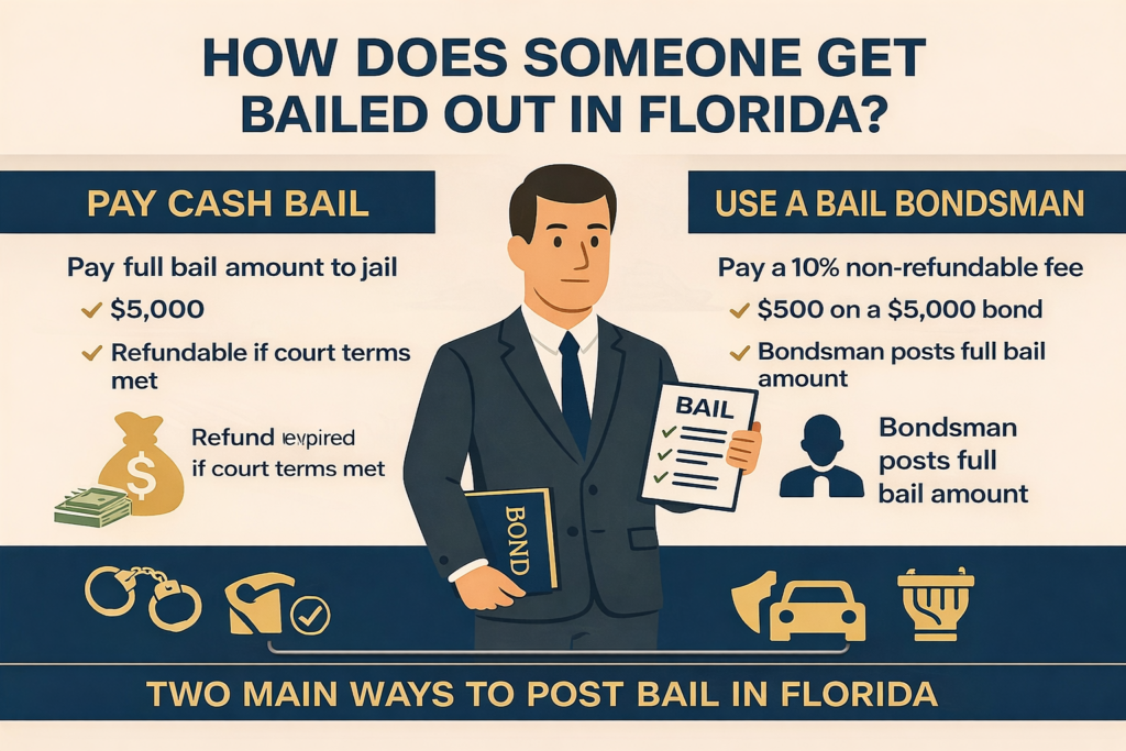 Horizontal infographic titled &ldquo;How Does Someone Get Bailed Out in Florida?&rdquo; comparing two methods of release&mdash;paying full cash bail versus using a bail bondsman&mdash;with explanations of refundable cash bail and non-refundable bond fees.