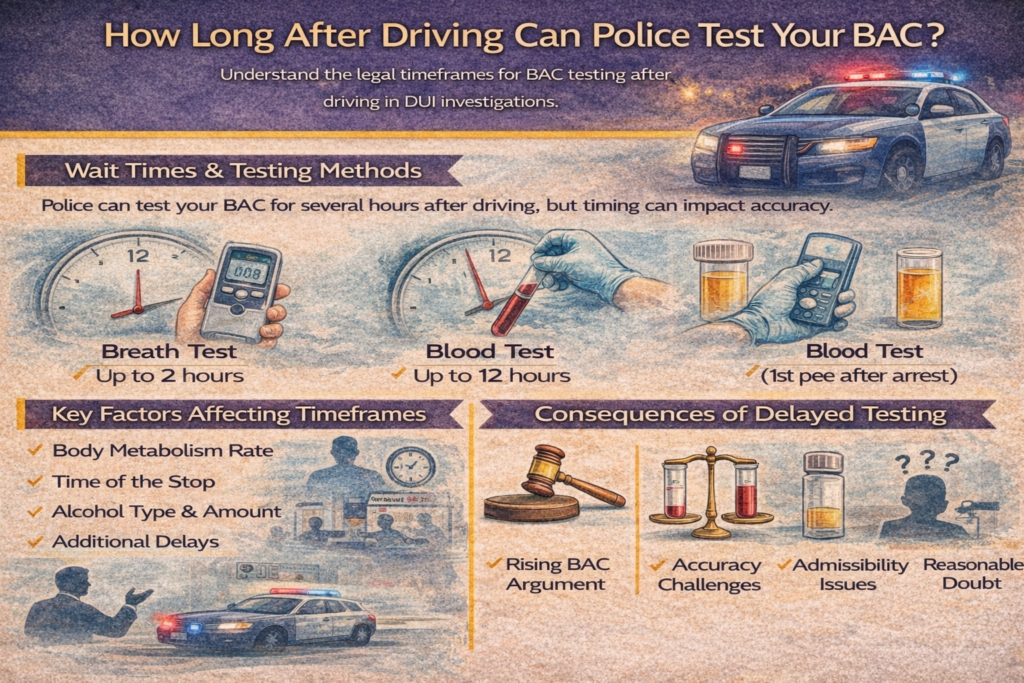 Infographic explaining how long after driving police can test blood alcohol concentration (BAC), including breath test and blood test timeframes, factors affecting accuracy, and potential legal challenges in Florida DUI cases.