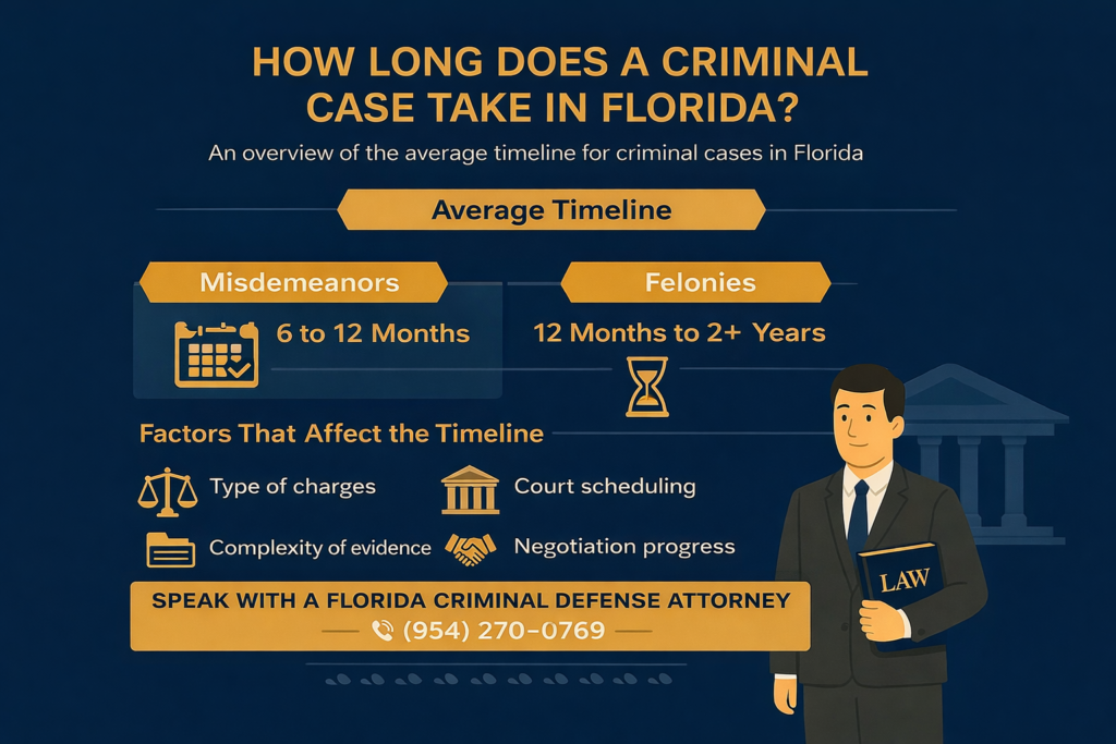 Horizontal infographic titled &ldquo;How Long Does a Criminal Case Take in Florida?&rdquo; showing average timelines for misdemeanors (6&ndash;12 months) and felonies (12 months to 2+ years), along with key factors that affect case duration such as charge type, court scheduling, evidence complexity, and negotiation progress.