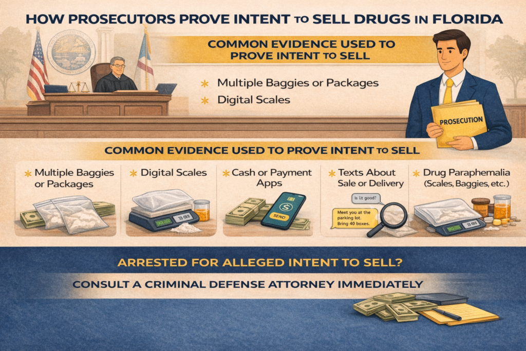 Horizontal comic-style infographic titled “How Prosecutors Prove Intent to Sell Drugs in Florida” showing common evidence such as multiple baggies, digital scales, cash, payment apps, text messages about sales, and drug paraphernalia, with a call to consult a criminal defense attorney.