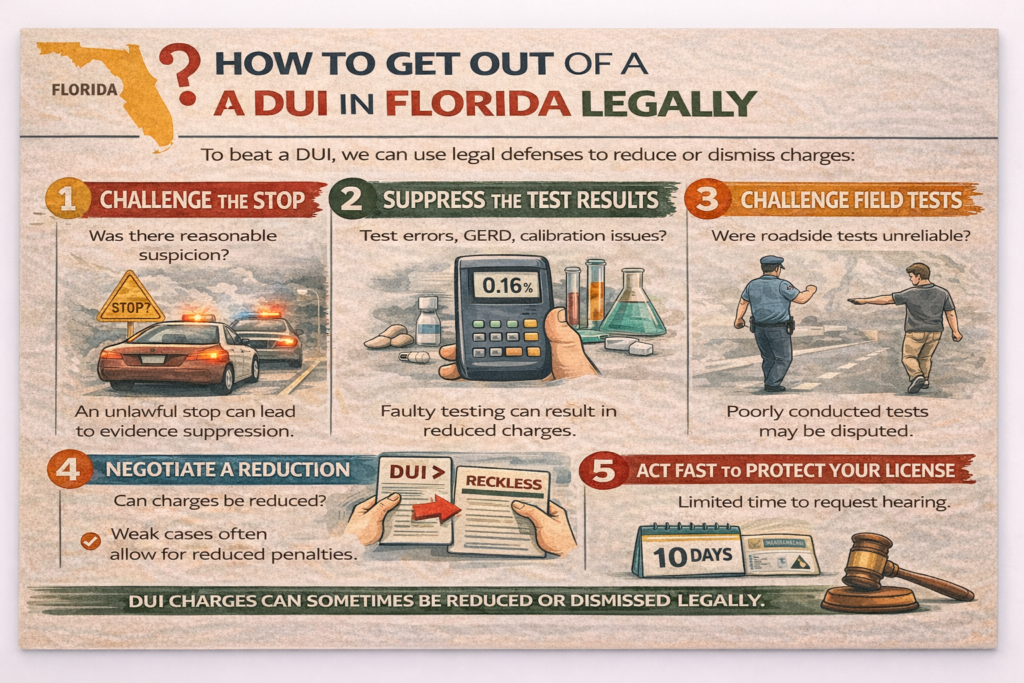 Horizontal infographic explaining how DUI charges may be reduced or dismissed in Florida, illustrating common defense strategies such as challenging the traffic stop, disputing breath or blood test results, questioning field sobriety tests, negotiating a reduction to reckless driving, and acting quickly to protect driving privileges.