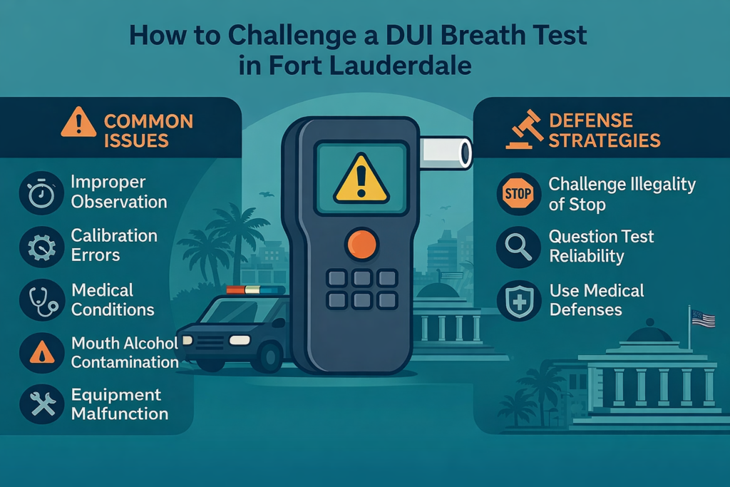 Infographic explaining how to challenge a DUI breath test in Fort Lauderdale, showing common issues like improper observation, calibration errors, medical conditions, mouth alcohol contamination, and equipment malfunction alongside defense strategies to suppress or question breath test results.