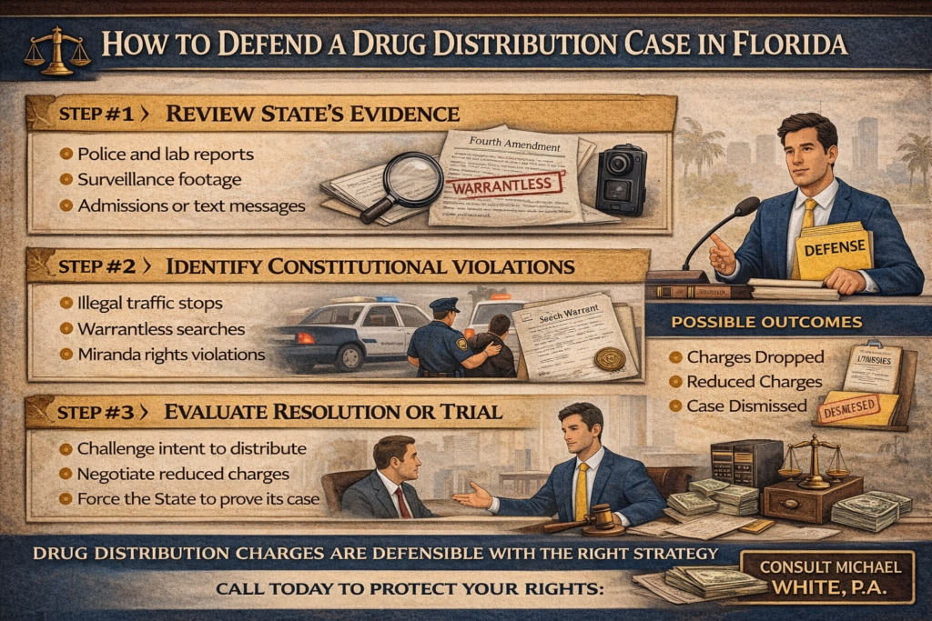 How to defend a drug distribution case in Florida infographic illustrating three steps: reviewing evidence, identifying constitutional violations, and evaluating resolution options, with a focus on legal strategies and possible outcomes.