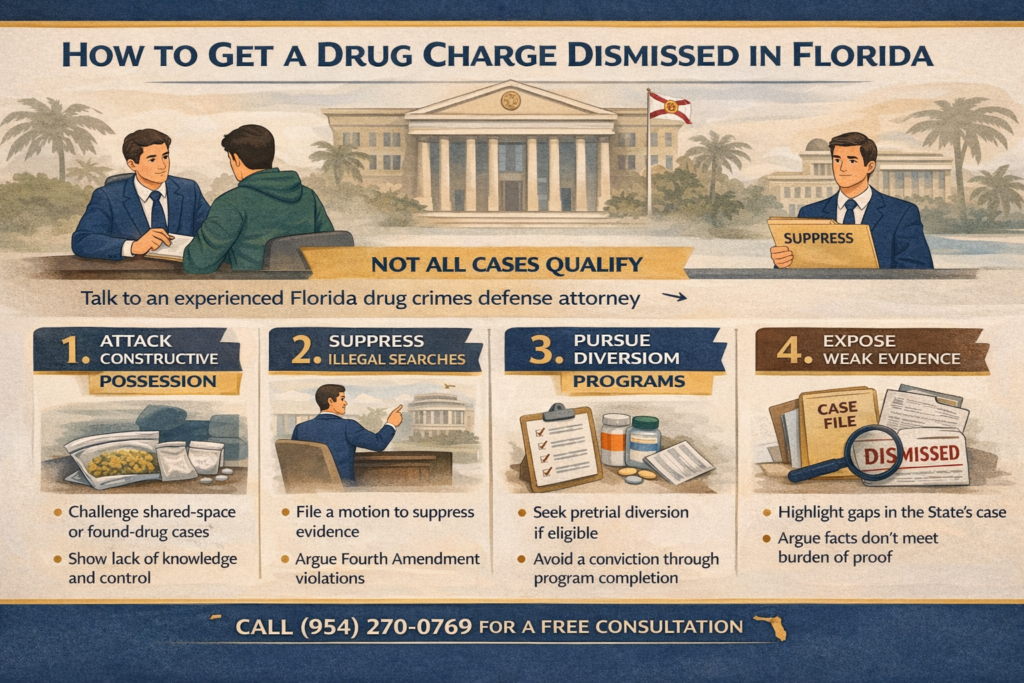 Infographic titled "How to Get a Drug Charge Dismissed in Florida," featuring two men discussing legal strategies, with steps outlined: attacking constructive possession, suppressing illegal searches, pursuing diversion programs, and exposing weak evidence, set against a backdrop of a courthouse and palm trees, emphasizing legal defense options in Florida.