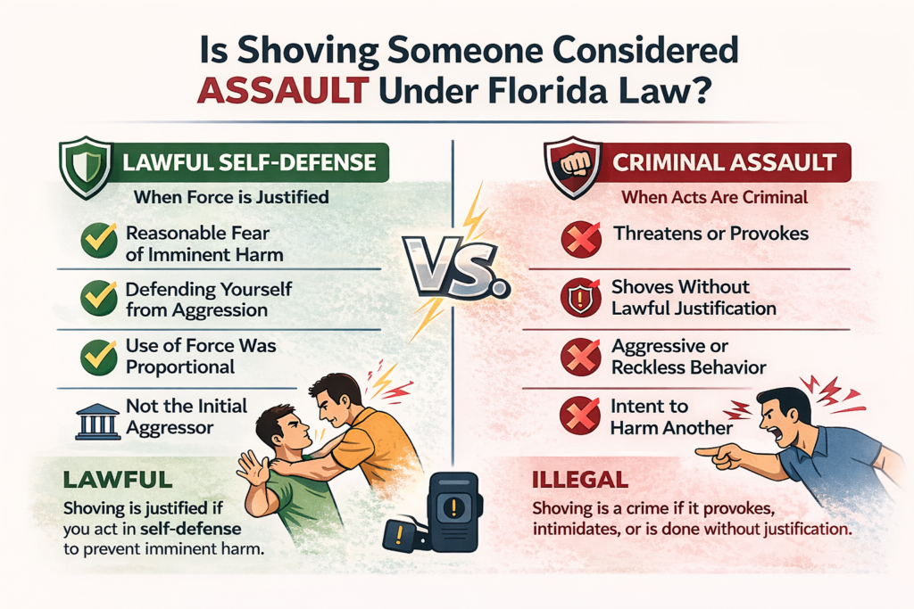 Horizontal infographic showing when shoving someone may be lawful self-defense versus criminal assault under Florida law, highlighting intent, justification, and proportional use of force.