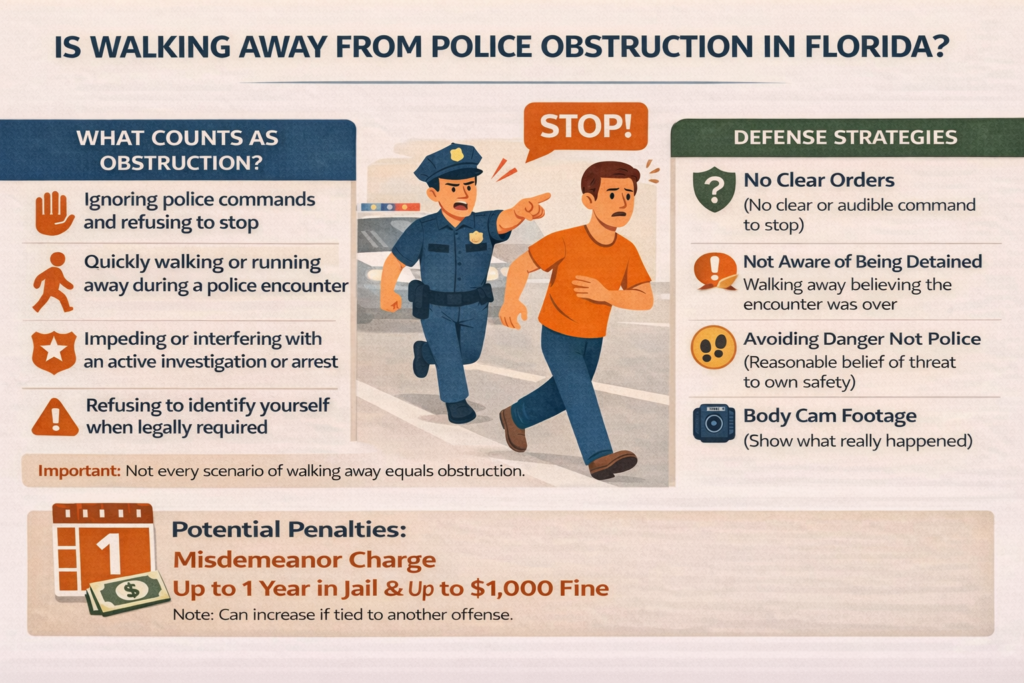 Infographic titled “Is Walking Away from Police Obstruction in Florida?” showing an officer pointing and shouting “Stop!” as a man walks away, with sections explaining what counts as obstruction, possible defense strategies such as no clear command or lack of detention, and potential misdemeanor penalties of up to 1 year in jail and a $1,000 fine.