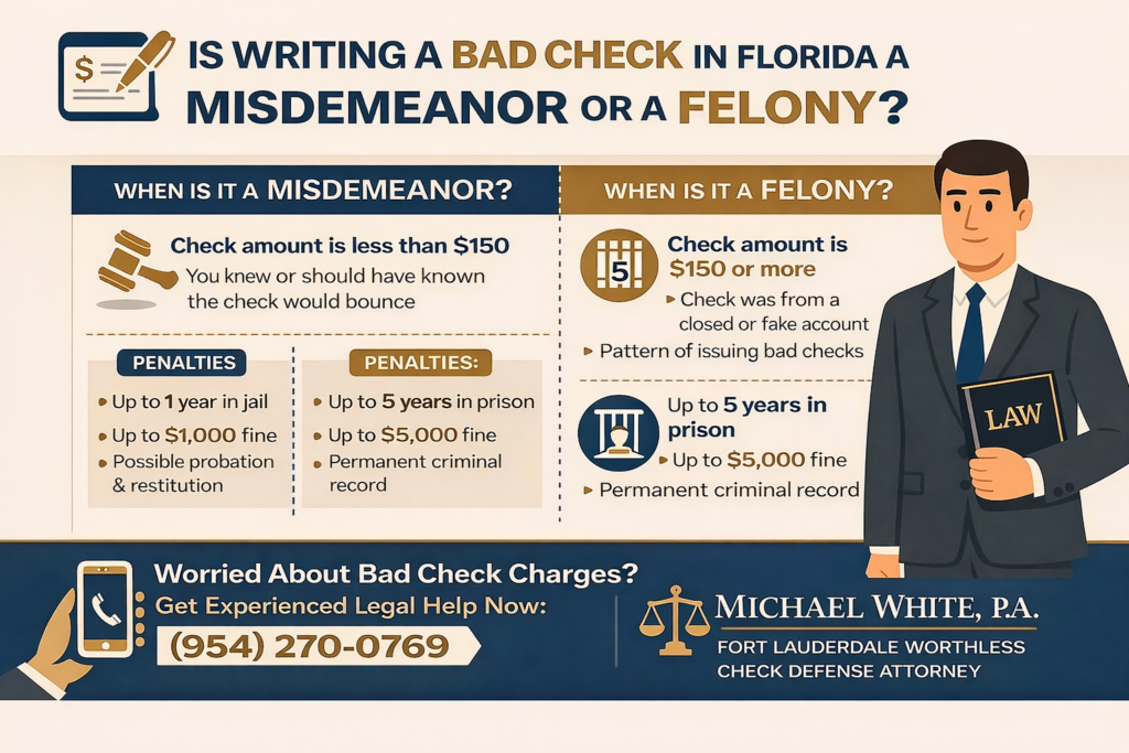 Infographic detailing legal distinctions of writing a bad check in Florida, highlighting misdemeanor and felony classifications, penalties, and contact information for Michael White, P.A., a Fort Lauderdale defense attorney.
