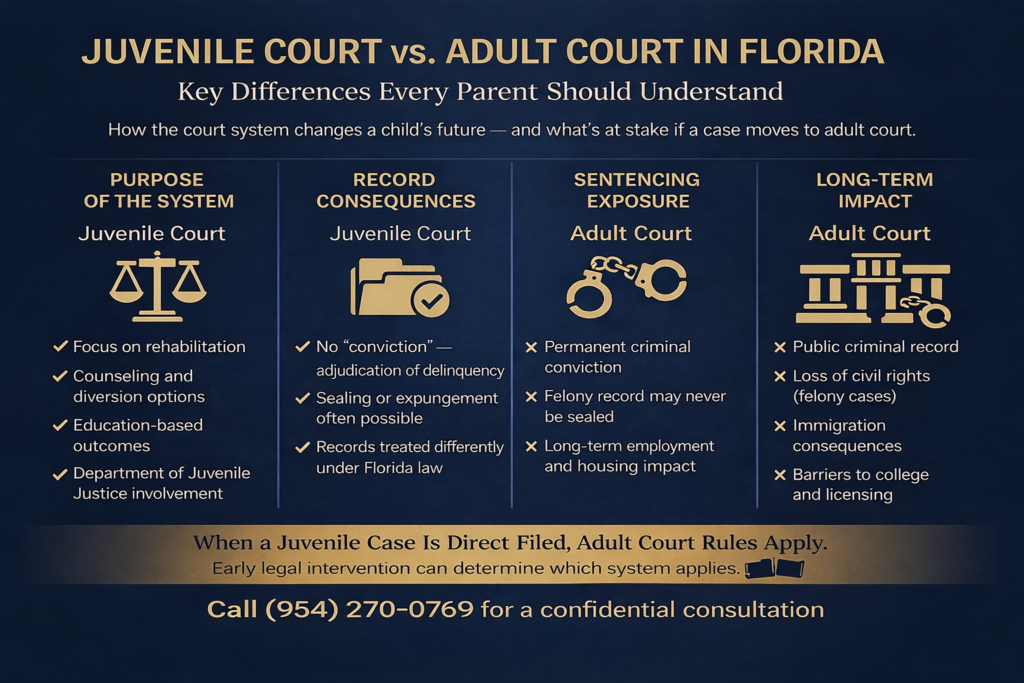 Infographic comparing juvenile court and adult court in Florida, highlighting differences in rehabilitation, criminal records, sentencing, and long-term consequences.
