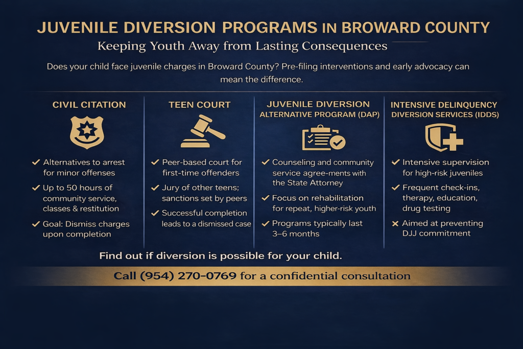 Infographic explaining juvenile diversion programs in Broward County, including civil citation, Teen Court, DAP, and IDDS options for avoiding juvenile prosecution.