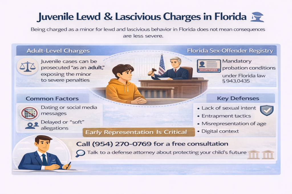 Infographic titled “Juvenile Lewd & Lascivious Charges in Florida” explaining how minors can face adult prosecution, sex-offender registration risks, common factors in juvenile cases, and key defenses under Florida law.