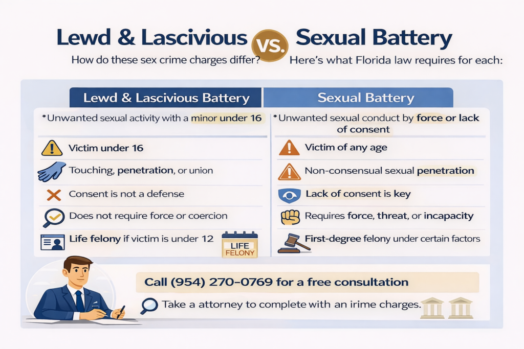Horizontal comparison infographic titled “Lewd & Lascivious vs. Sexual Battery” explaining how Florida law distinguishes the two offenses. The left side outlines Lewd & Lascivious Battery, noting sexual activity with a minor under 16, no force requirement, and enhanced penalties if the victim is under 12. The right side explains Sexual Battery, emphasizing non-consensual sexual conduct involving force, threat, or incapacity, and potential first-degree felony penalties. Icons and side-by-side formatting highlight the key legal differences between the charges.