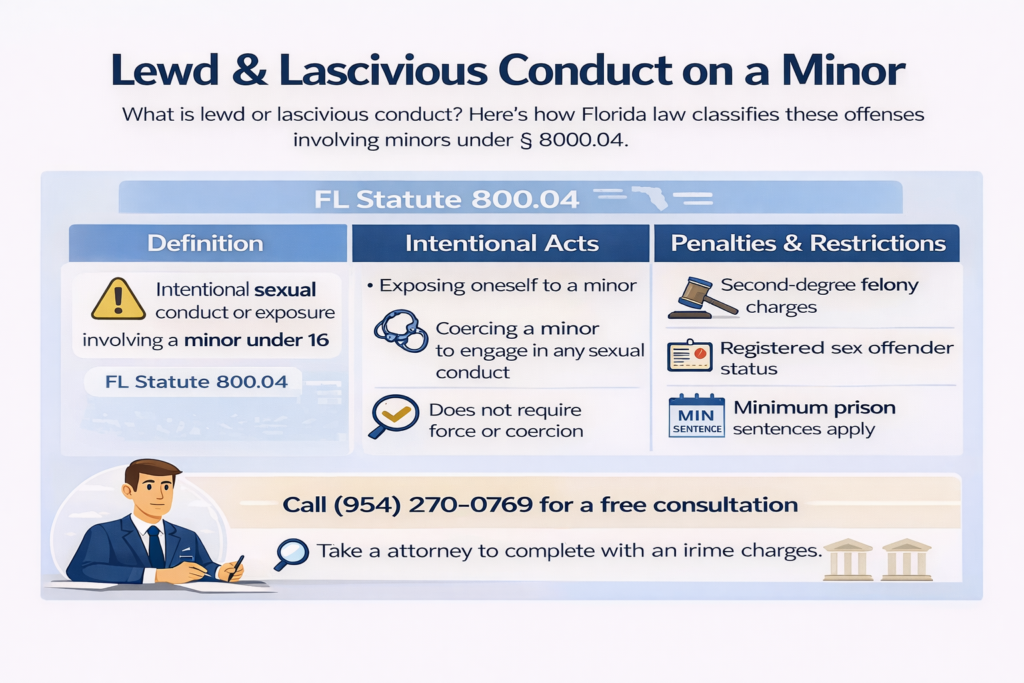 Horizontal infographic titled “Lewd & Lascivious Conduct on a Minor” explaining how Florida Statute 800.04 defines and penalizes this offense. The graphic outlines the definition as intentional sexual conduct or exposure involving a minor under 16, lists prohibited acts such as exposing oneself or coercing a minor, and highlights penalties including second-degree felony charges, sex offender registration, and mandatory prison sentences. Icons and a structured layout emphasize the legal elements and consequences under Florida law.