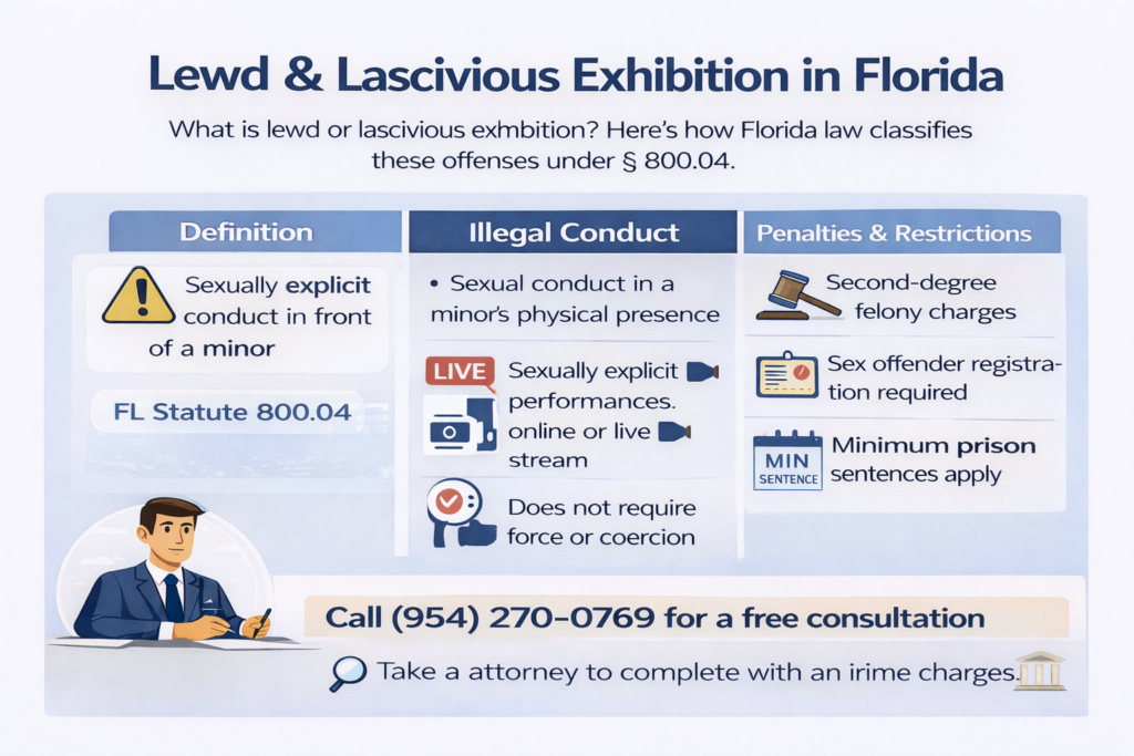 Horizontal infographic titled “Lewd & Lascivious Exhibition in Florida” explaining how Florida Statute 800.04 defines and penalizes the offense. The graphic outlines the definition as sexually explicit conduct in the presence of a minor, including live or online performances, and notes that force is not required. It also highlights penalties such as second-degree felony charges, mandatory sex offender registration, and minimum prison sentences. Icons and structured sections emphasize the legal elements and consequences under Florida law.