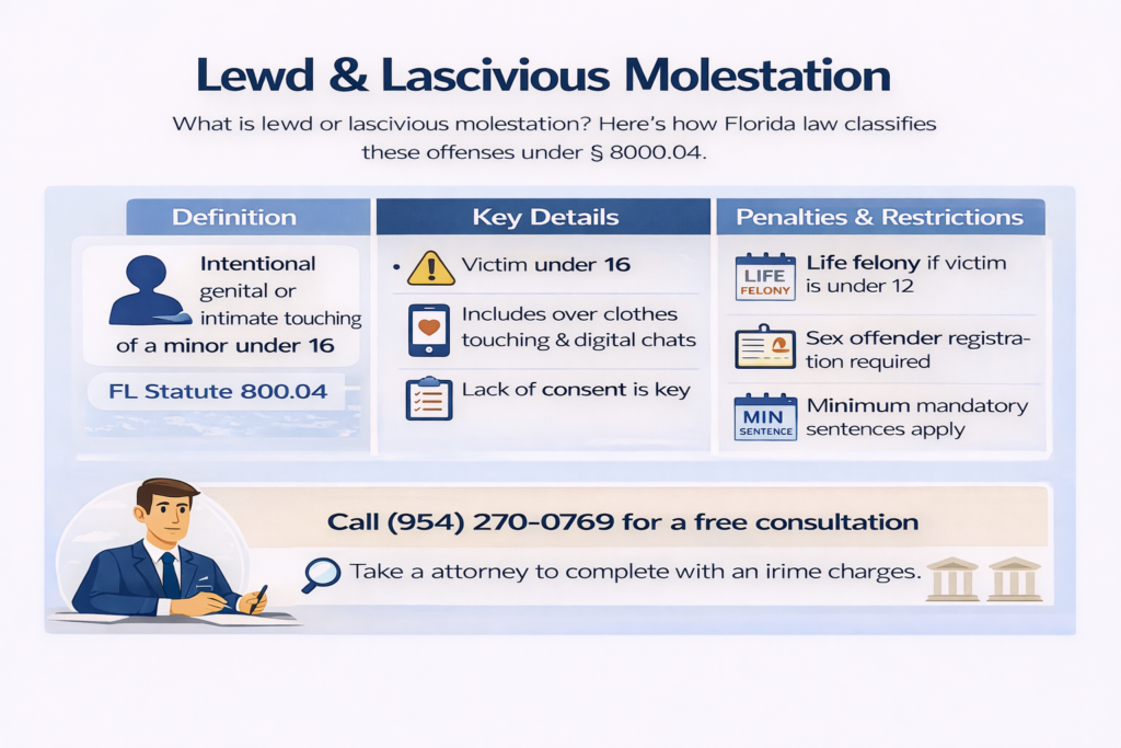 Horizontal infographic titled “Lewd & Lascivious Molestation” explaining how Florida Statute 800.04 defines the offense. The graphic describes intentional genital or intimate touching of a minor under 16, outlines key details such as the victim’s age and lack of consent considerations, and highlights penalties including life felony exposure if the victim is under 12, mandatory sex offender registration, and minimum prison sentences. Icons and structured sections emphasize the legal elements and consequences under Florida law.
