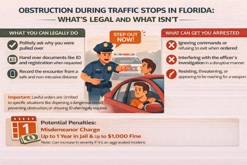 Infographic explaining obstruction during traffic stops in Florida, showing an officer ordering a driver out and outlining legal actions, arrest risks, and penalties.