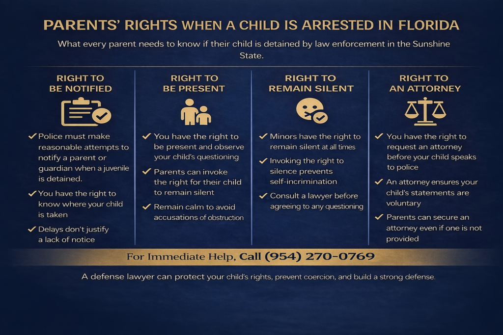 Infographic outlining parents’ rights when a child is arrested in Florida, including notification, presence during questioning, silence, and attorney rights.