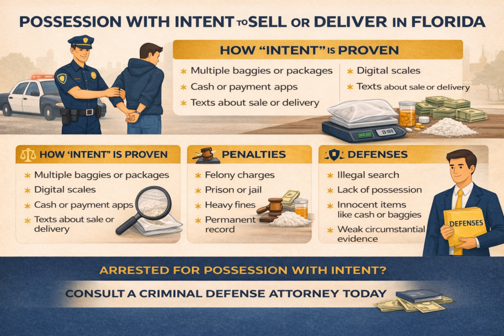 Possession with intent to sell or deliver in Florida infographic featuring a police officer arresting a suspect, digital scales, cash, and various drug paraphernalia, illustrating evidence of intent, penalties, and potential defenses.
