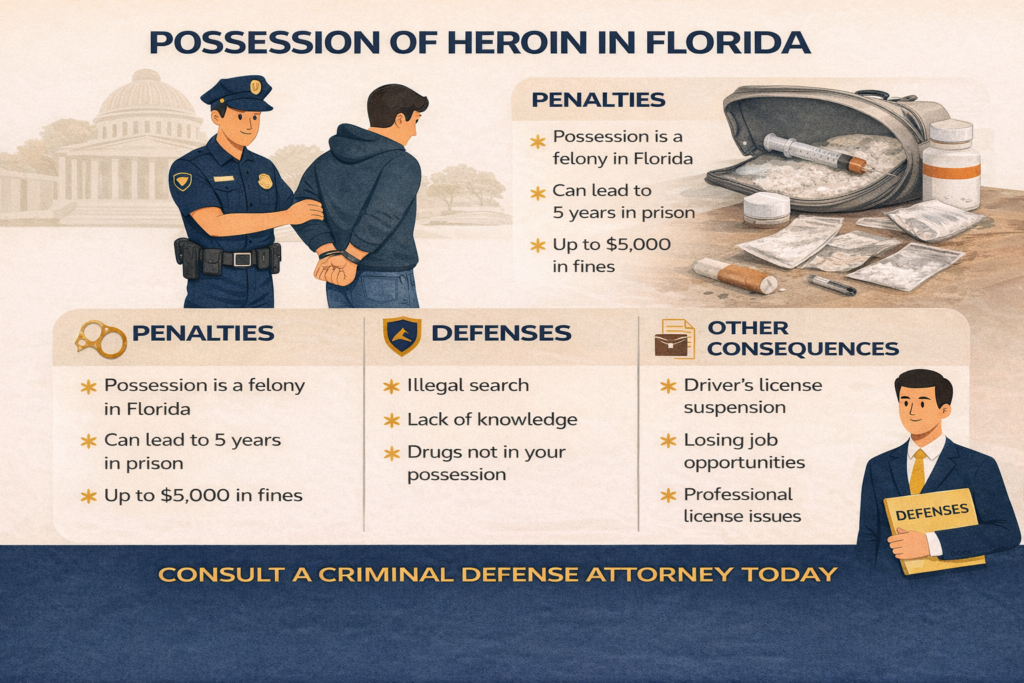 Horizontal infographic titled “Possession of Heroin in Florida” showing an arrest scene, heroin and drug paraphernalia on a table, and sections outlining felony penalties up to five years in prison and $5,000 fines, common defenses such as illegal search and lack of knowledge, and collateral consequences like license suspension and employment impact.