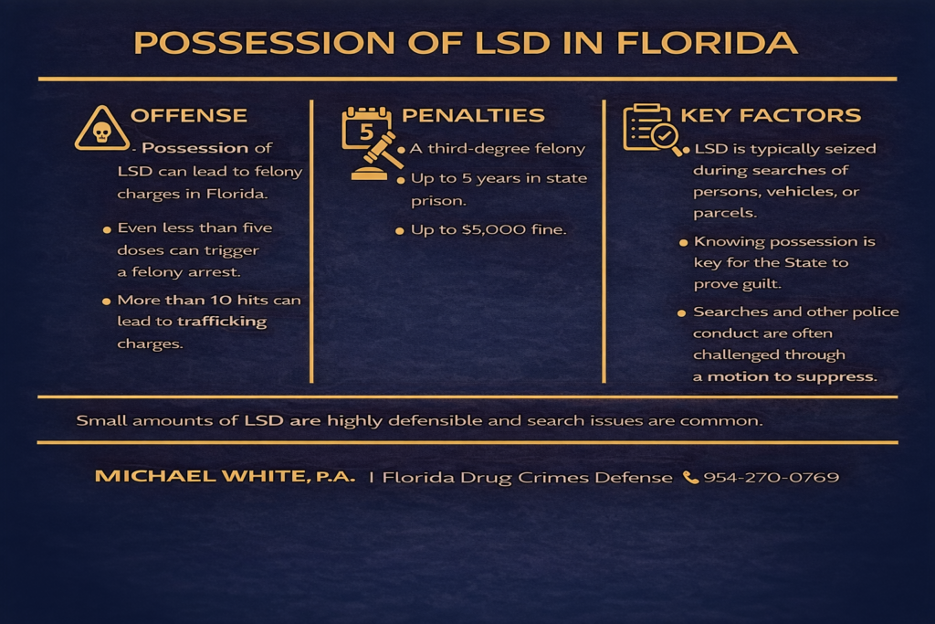 Infographic explaining possession of LSD in Florida, including how LSD possession is charged, potential felony penalties, key factors prosecutors must prove, and common defense issues such as knowledge, control, and unlawful searches.